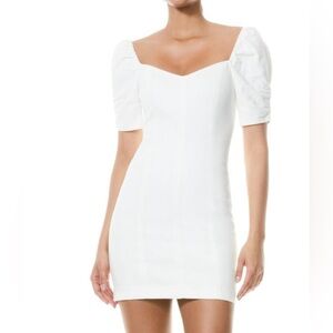ALICE + OLIVIA Mimi Puff-Sleeve Denim Minidress white square sweetheart neck